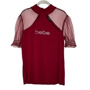 Bebe Women’s Mock Neck Mesh Polka Dot Short Sleeve Blouse Size XL